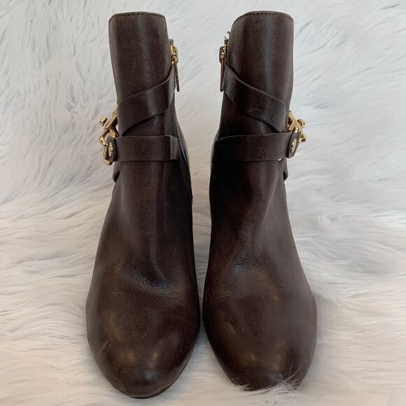 Isola Colleen Heeled Leather Ankle Boot Harness Buckle Equestrian Preppy Brown - Picture 3 of 7